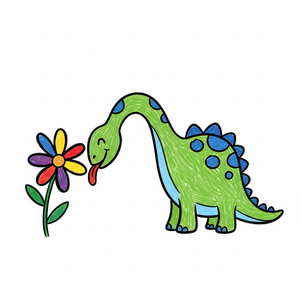 Dinosaur Gently Smelling a Big, Colorful Flower